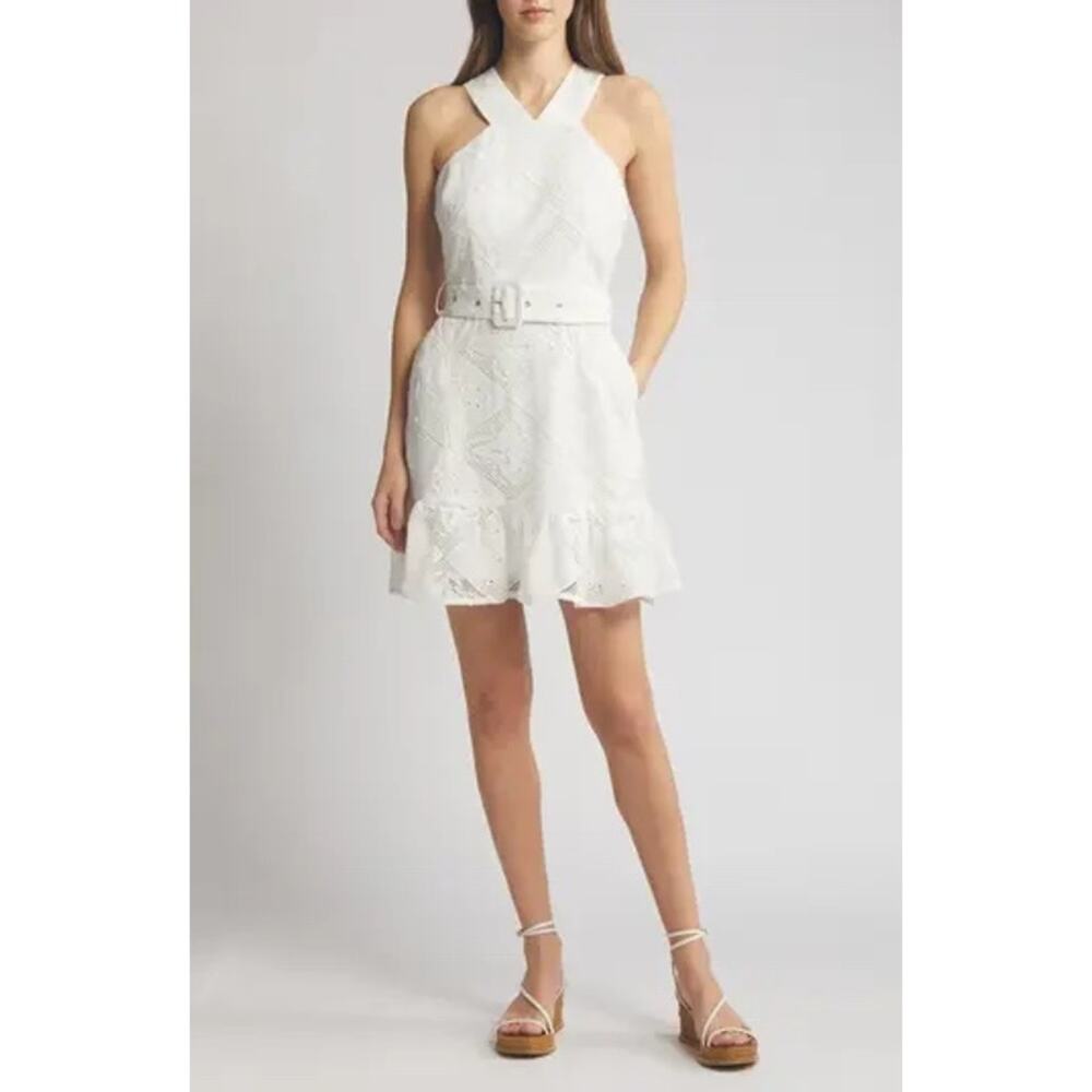 Ciebon Embroidered Eyelet High Neck Mini Dress S | Belted Ruffle Shift Party